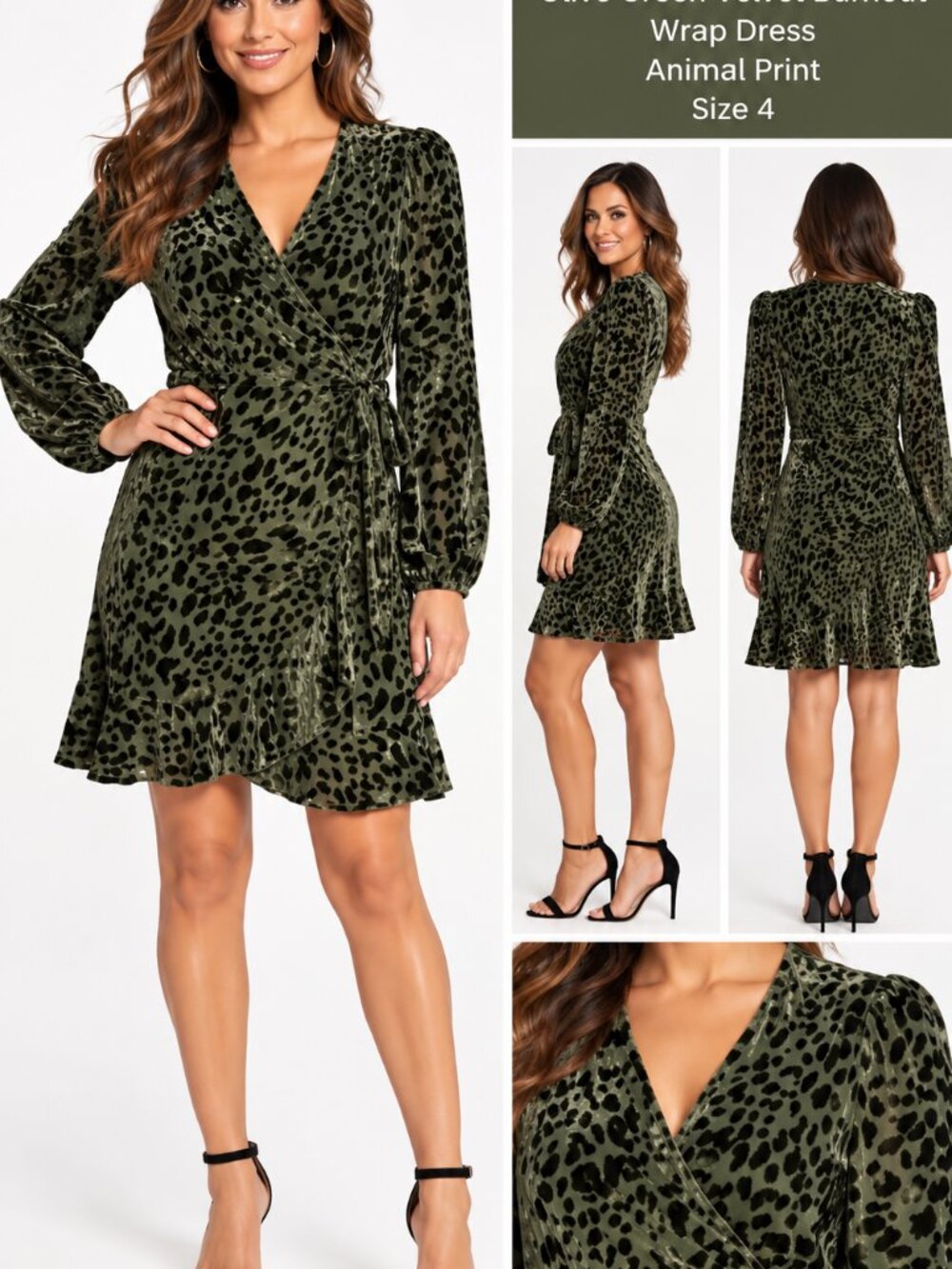 Alex Marie Olive Green Velvet Burnout Wrap Dress Animal Print Size 4